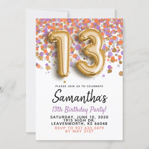 13th Birthday Gold Confetti Invitation