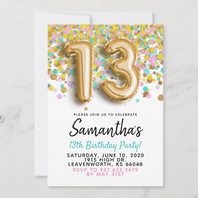 13th Birthday Gold Confetti Invitation (Front)