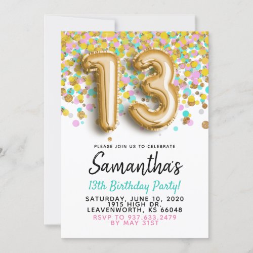 13th Birthday Gold Confetti Invitation