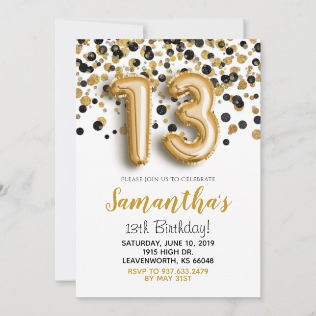 13th Birthday Gold Confetti Invitation (Front)