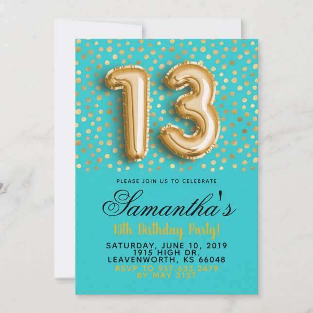 13th Birthday Gold Confetti Invitation (Front)