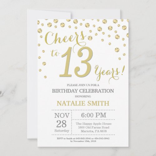 13th Birthday Gold Glitter Diamond Invitation