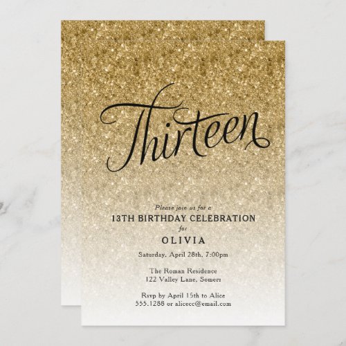 13th Birthday Gold Ombre Glitter Invitation