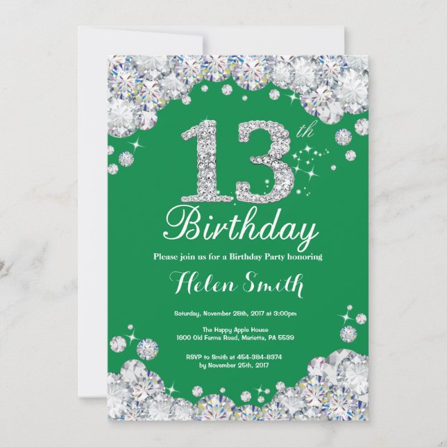 13th Birthday Green and Silver Diamond Invitation (Front)