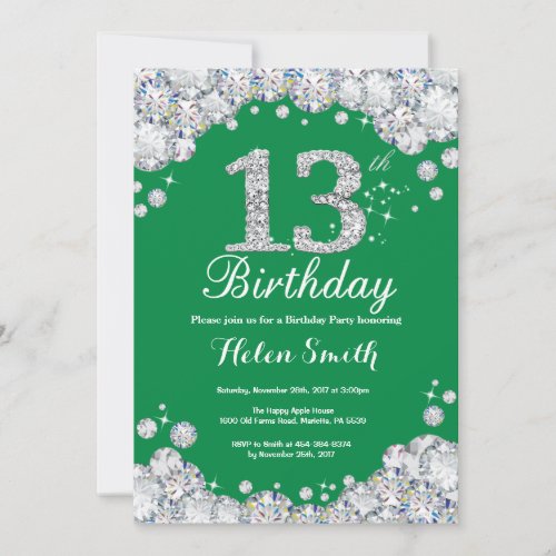 13th Birthday Green and Silver Diamond Invitation