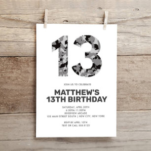 13TH Birthday, Grey Camo Personalized Teen Invitation