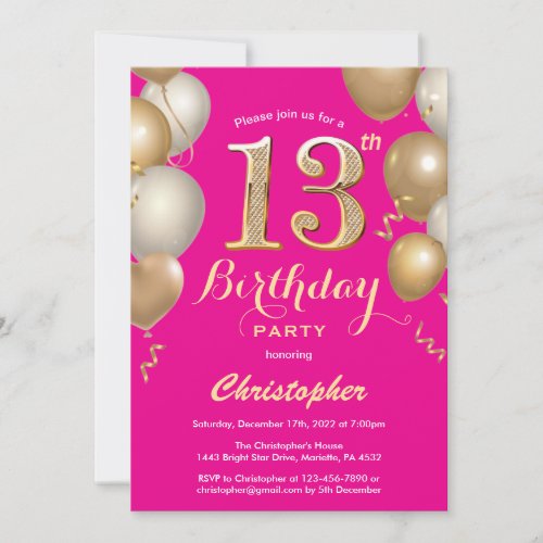 13th Birthday Hot Pink and Gold Balloons Confetti Invitation