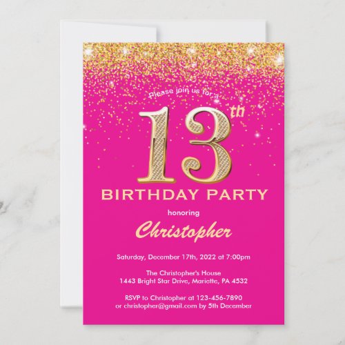 13th Birthday Hot Pink and Gold Glitter Confetti Invitation