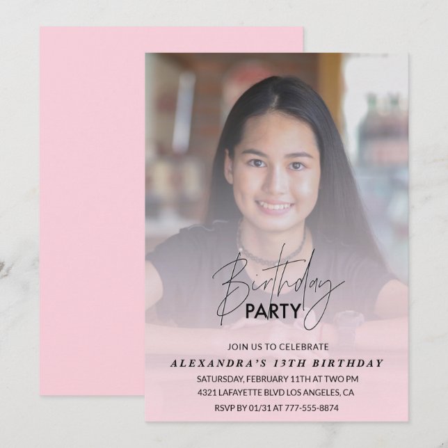13th birthday invitation Birthday Party Photo pink (Front/Back)