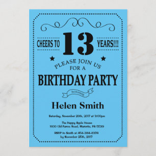 13th Birthday Invitation Black and Blue