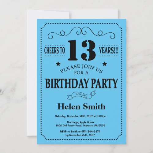 13th Birthday Invitation Black and Blue