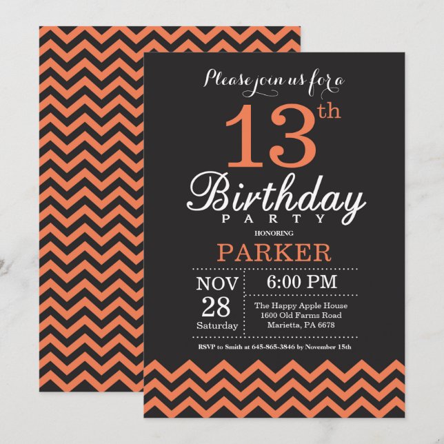 13th Birthday Invitation Black and Coral Chevron (Front/Back)