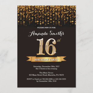 13th Birthday Invitation Black and Gold Glitt6r