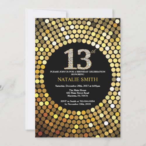 13th Birthday Invitation Black and Gold Glitter