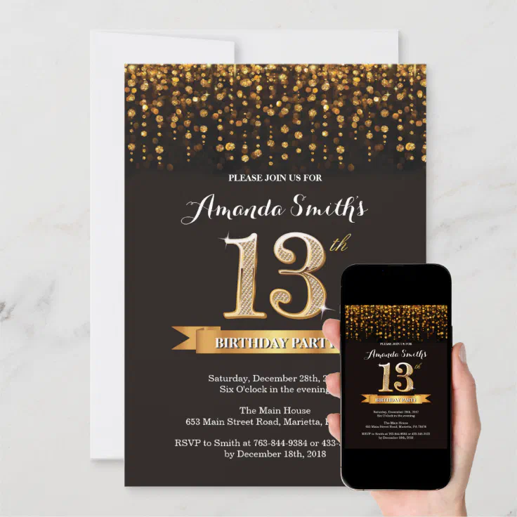 13th Birthday Invitation Black and Gold Glitter | Zazzle