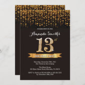 13th Birthday Invitation Black and Gold Glitter (Front/Back)