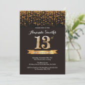 13th Birthday Invitation Black and Gold Glitter (Standing Front)