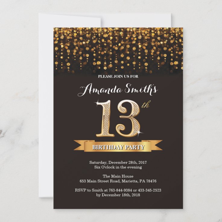 13th Birthday Invitation Black and Gold Glitter | Zazzle