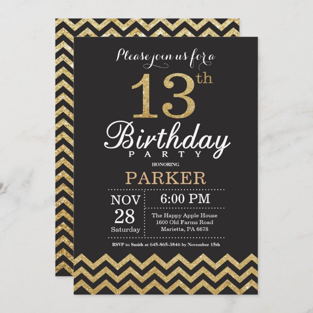 13th Birthday Invitation Black and Gold Glitter (Front/Back)