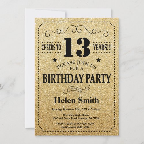 13th Birthday Invitation Black and Gold Glitter