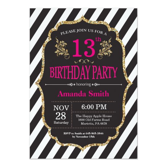 13th Birthday Invitation. Black and Gold Glitter Invitation | Zazzle.com