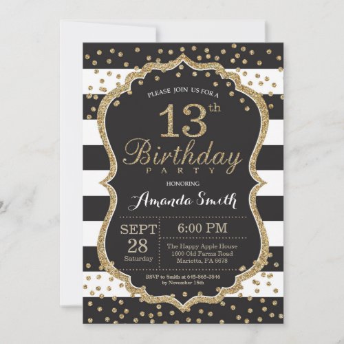 13th Birthday Invitation Black and Gold Glitter Invitation