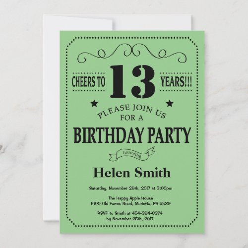 13th Birthday Invitation Black and Green