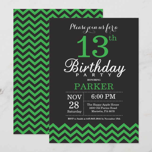 13th Birthday Invitation Black and Green Chevron (Front/Back)