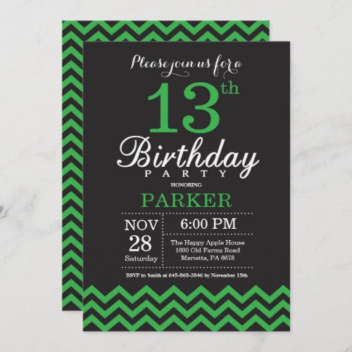 13th Birthday Invitation Black and Green Chevron