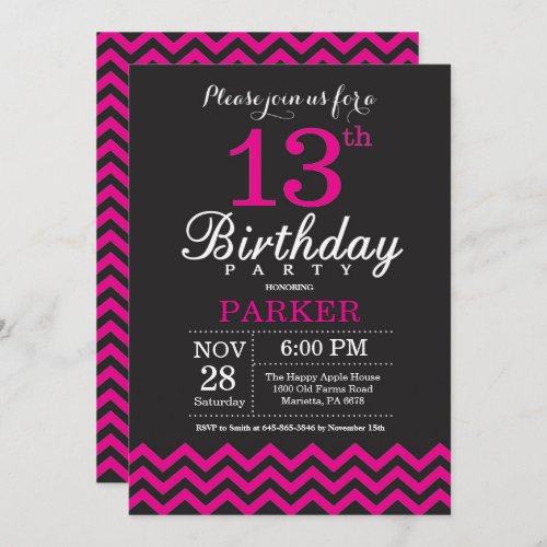 13th Birthday Invitation Black and Hot Pink