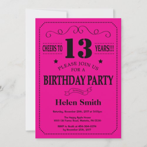 13th Birthday Invitation Black and Hot Pink
