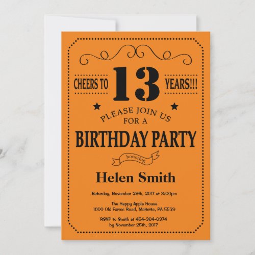 13th Birthday Invitation Black and Orange