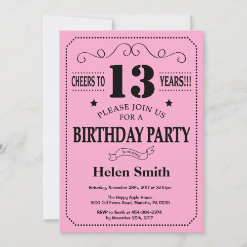 13th Birthday Invitation Black and Pink
