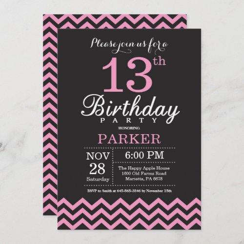 13th Birthday Invitation Black and Pink Chevron