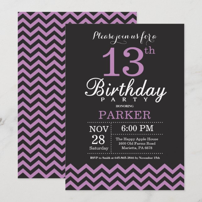13th Birthday Invitation Black and Purple (Front/Back)