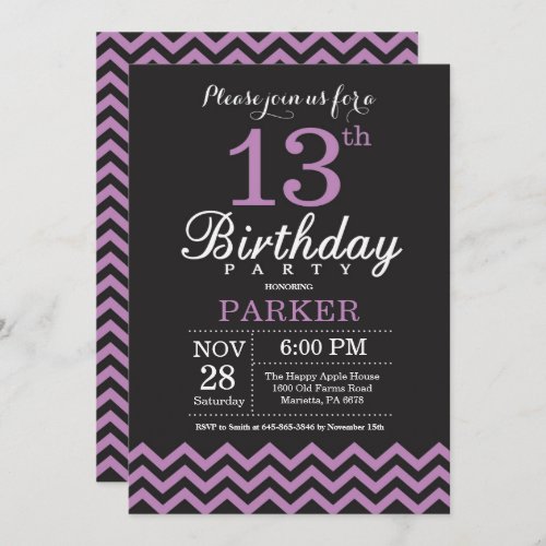 13th Birthday Invitation Black and Purple