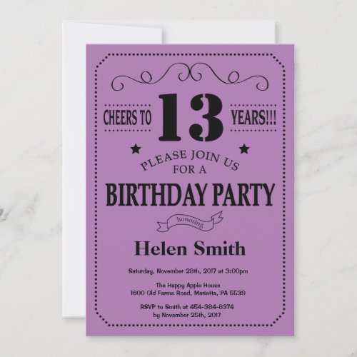 13th Birthday Invitation Black and Purple