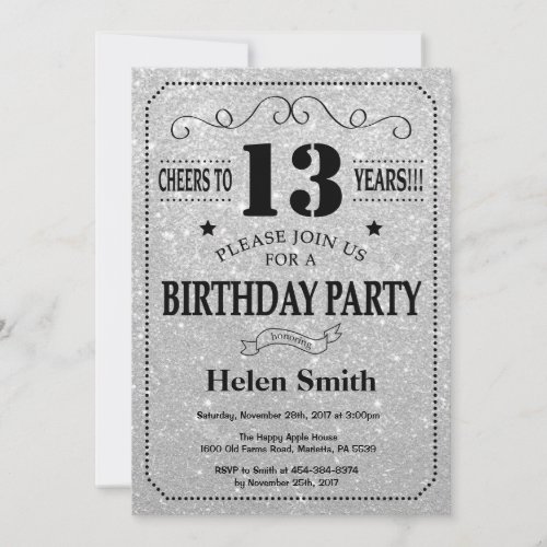 13th Birthday Invitation Black and Silver Glitter