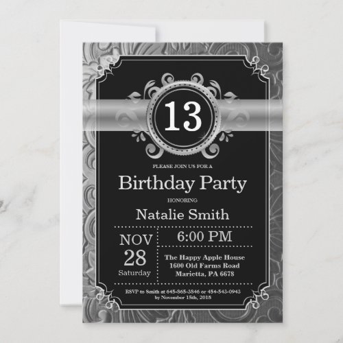 13th Birthday Invitation Black and Silver Glitter