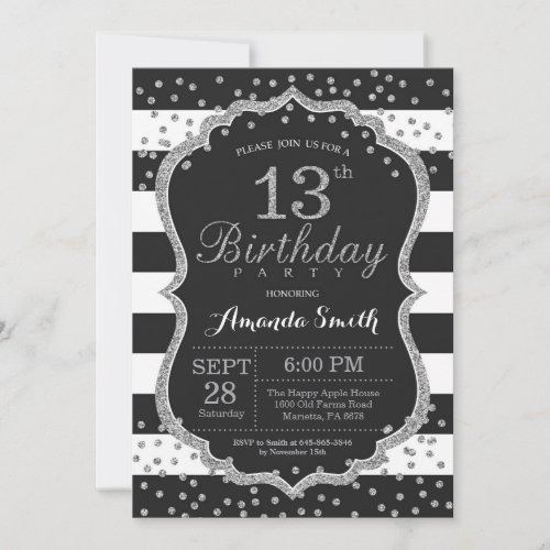 13th Birthday Invitation Black and Silver Glitter Invitation
