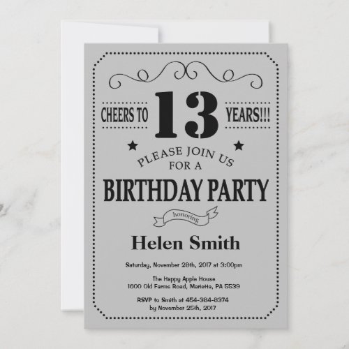 13th Birthday Invitation Black and Silver Gray
