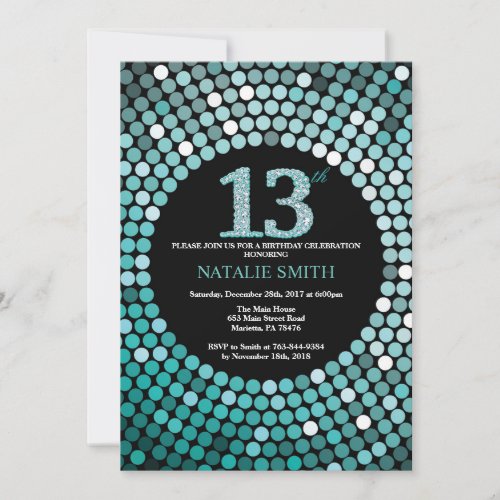 13th Birthday Invitation Black and Teal Glitter