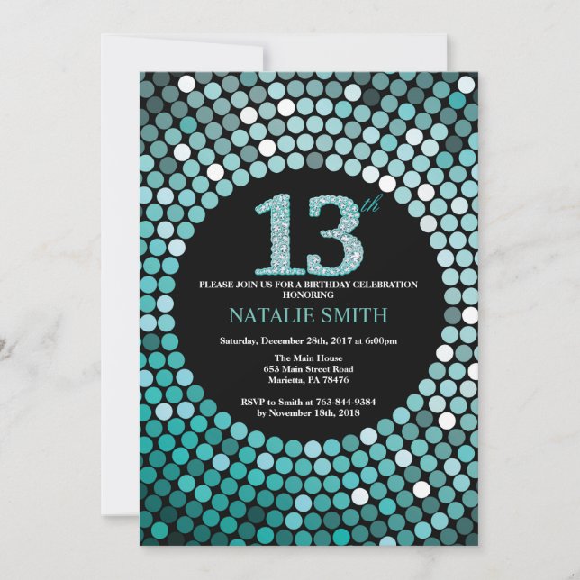 13th Birthday Invitation Black and Teal Glitter (Front)