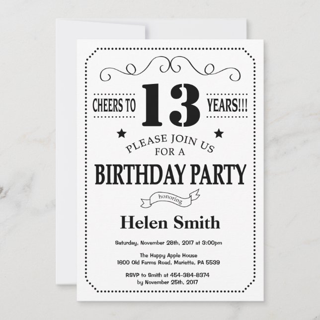 13th Birthday Invitation Black and White (Front)