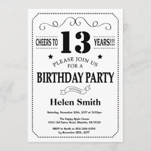 13th Birthday Invitation Black and White