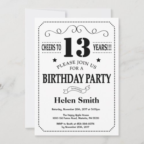 13th Birthday Invitation Black and White
