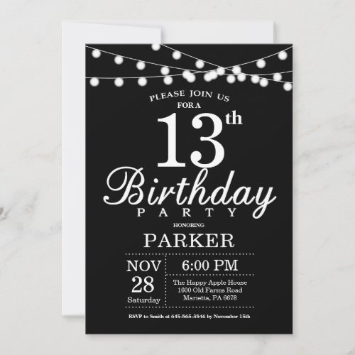 13th Birthday Invitation Black and White