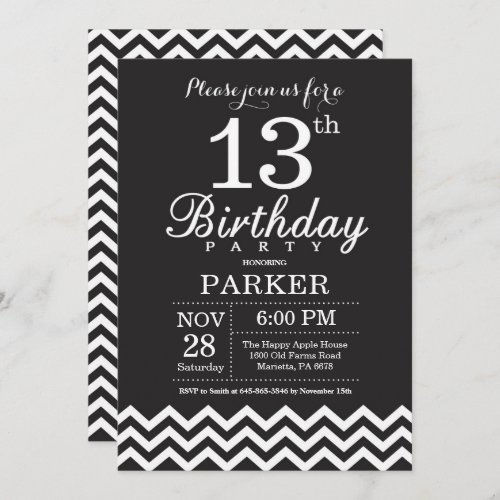 13th Birthday Invitation Black and White Chevron