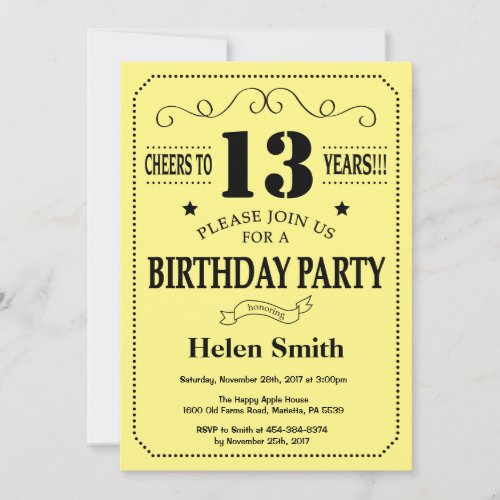 13th Birthday Invitation Black and Yellow