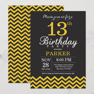 13th Birthday Invitation Black and Yellow Chevron